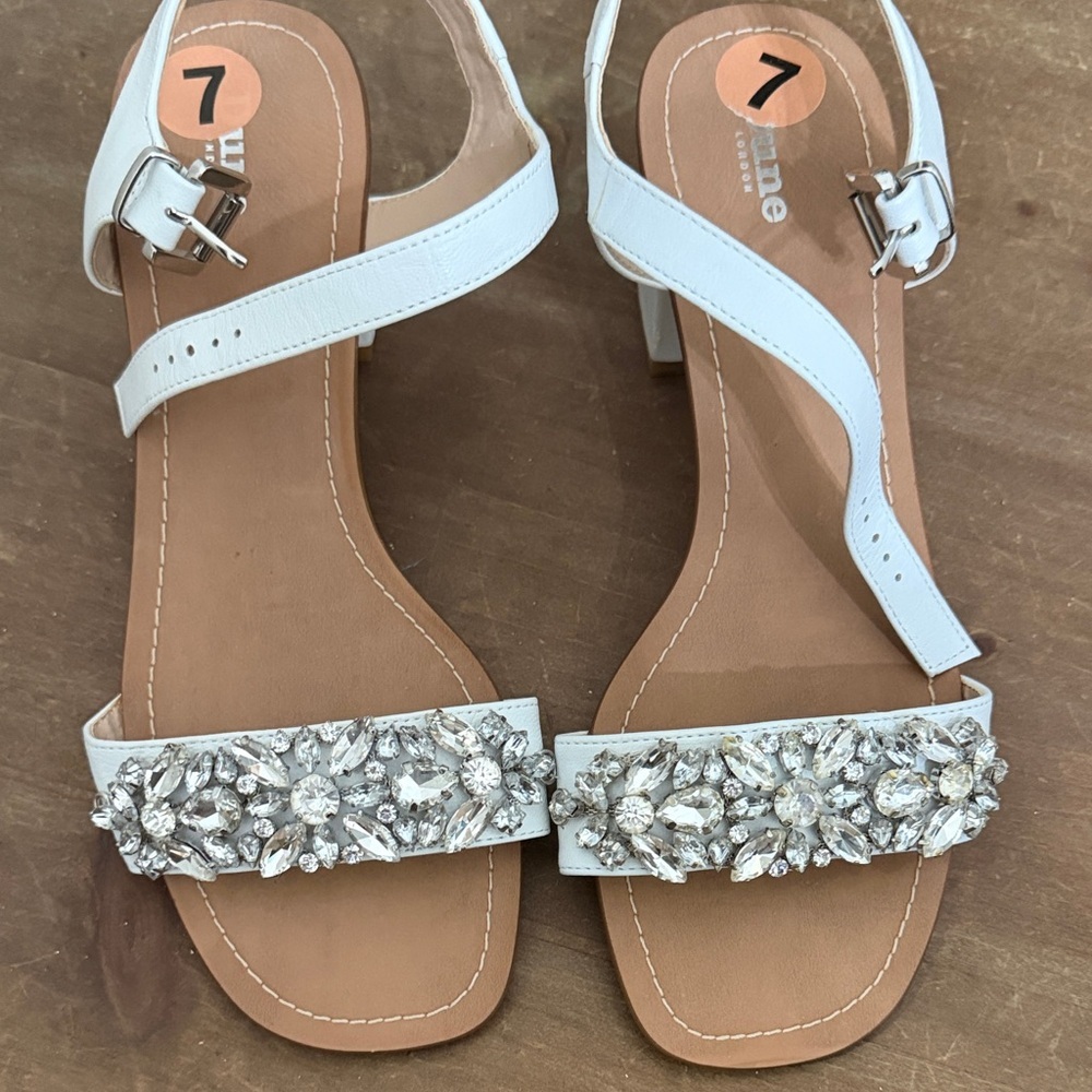 Dune London White Jeweled T-Strap Block Heel Sandals